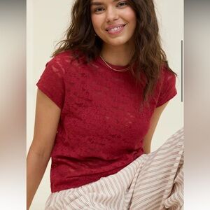 Aerie Red Lace Vintage Short Sleeve Top